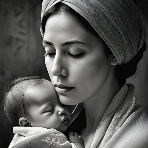 prompt:Illustrate a lifelike portrait of a mother holding her newborn child, capturing the profound love and vulnerability --ar 16:9 --v 5.2 --style raw