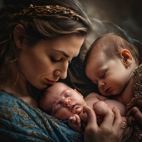 prompt:Illustrate a lifelike portrait of a mother holding her newborn child, capturing the profound love and vulnerability --ar 16:9 --v 5.2 --style raw