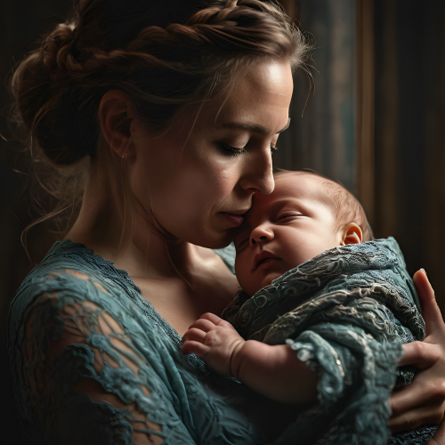 prompt:Illustrate a lifelike portrait of a mother holding her newborn child, capturing the profound love and vulnerability --ar 16:9 --v 5.2 --style raw