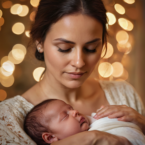 prompt:Illustrate a lifelike portrait of a mother holding her newborn child, capturing the profound love and vulnerability --ar 16:9 --v 5.2 --style raw