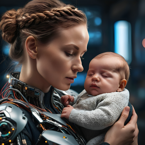 prompt:Illustrate a lifelike portrait of a mother holding her newborn child, capturing the profound love and vulnerability --ar 16:9 --v 5.2 --style raw