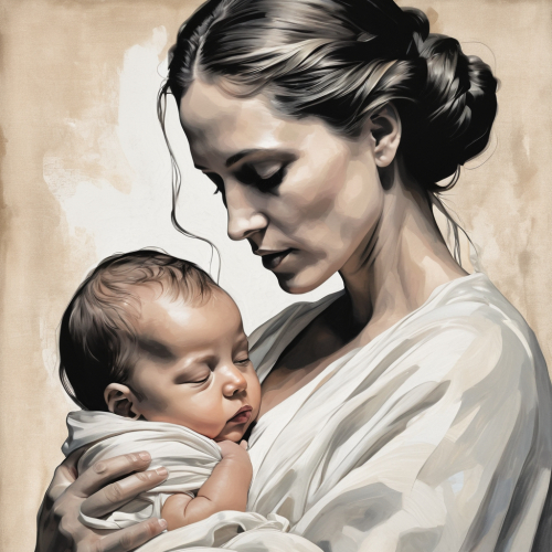 prompt:Illustrate a lifelike portrait of a mother holding her newborn child, capturing the profound love and vulnerability --ar 16:9 --v 5.2 --style raw