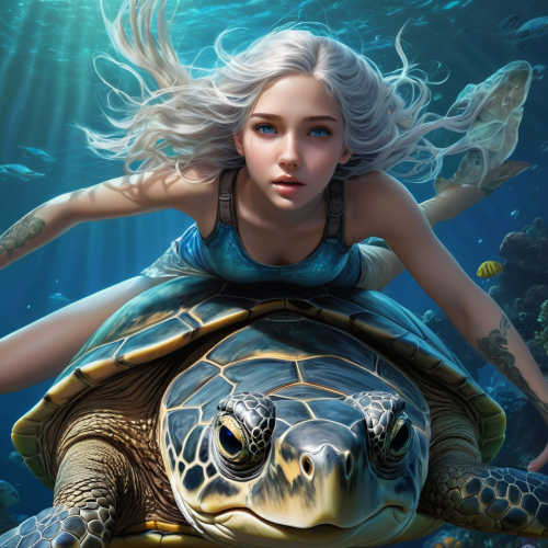 realistic, cinematic light, 15 year old girl, riding on a big turtle, Under the Sea, full body, from above and side, Beautiful eyes, silver hair, perfect anatomy, very cute, (blue eyes), bio luminescent, 8 large class, 8k, human hands, character sheets, Concept-Art, Smooth and detailed hairstyle, Fractal Art, eyes shed tears while holding back pain, open mouth and stick tongue out