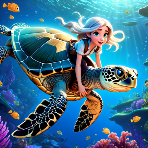 realistic, cinematic light, 15 year old girl, riding on a big turtle, Under the Sea, full body, from above and side, Beautiful eyes, silver hair, perfect anatomy, very cute, (blue eyes), bio luminescent, 8 large class, 8k, human hands, character sheets, Concept-Art, Smooth and detailed hairstyle, Fractal Art, eyes shed tears while holding back pain, open mouth and stick tongue out