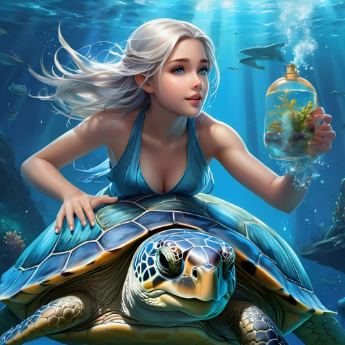 realistic, cinematic light, 15 year old girl, riding on a big turtle, Under the Sea, full body, from above and side, Beautiful eyes, silver hair, perfect anatomy, very cute, (blue eyes), bio luminescent, 8 large class, 8k, human hands, character sheets, Concept-Art, Smooth and detailed hairstyle, Fractal Art, eyes shed tears while holding back pain, open mouth and stick tongue out