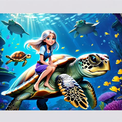 realistic, cinematic light, 15 year old girl, riding on a big turtle, Under the Sea, full body, from above and side, Beautiful eyes, silver hair, perfect anatomy, very cute, (blue eyes), bio luminescent, 8 large class, 8k, human hands, character sheets, Concept-Art, Smooth and detailed hairstyle, Fractal Art, eyes shed tears while holding back pain, open mouth and stick tongue out