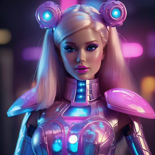 Craft a futuristic and hi-tech Barbie costume for adults, incorporating LED lights and holographic elements