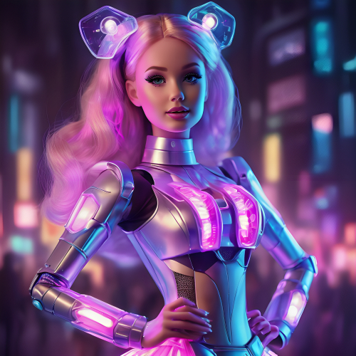 Craft a futuristic and hi-tech Barbie costume for adults, incorporating LED lights and holographic elements