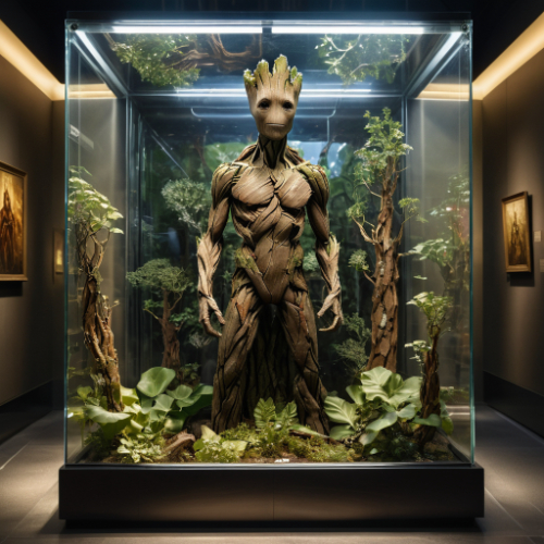 [Nome do heroi], enclosed in a transparent rectangular glass box that is located in  a museum