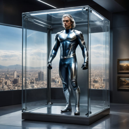 [Nome do heroi], enclosed in a transparent rectangular glass box that is located in  a museum