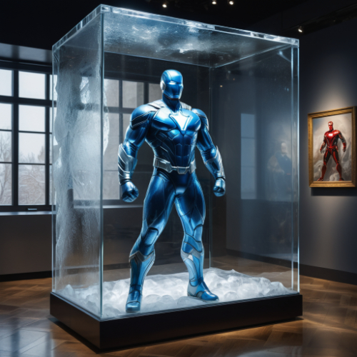 [Hero's name], enclosed in a transparent rectangular glass box that is located in  a museum