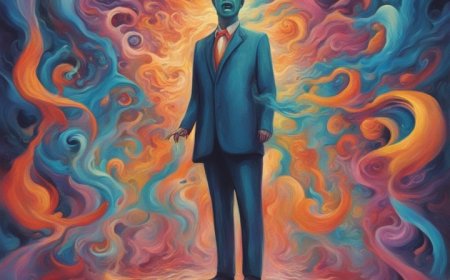 Pinturas a óleo surrealistas futuristas relacionadas com doenças mentais, como o transtorno bipolar.