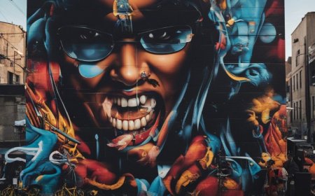 Crie um mural de arte de rua de tirar o fôlego, destacando um [símbolo icônico de arte de rua] em um cenário de [paisagem urbana] áspera.