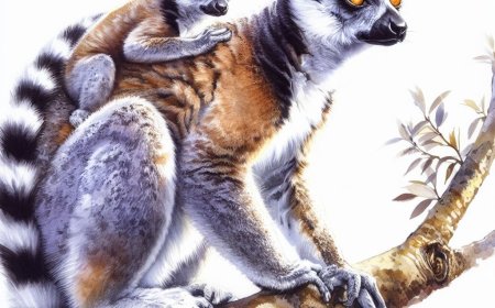 Mãe lémure de cauda anelada com um bebé às costas, sentada num ramo, como aguarela